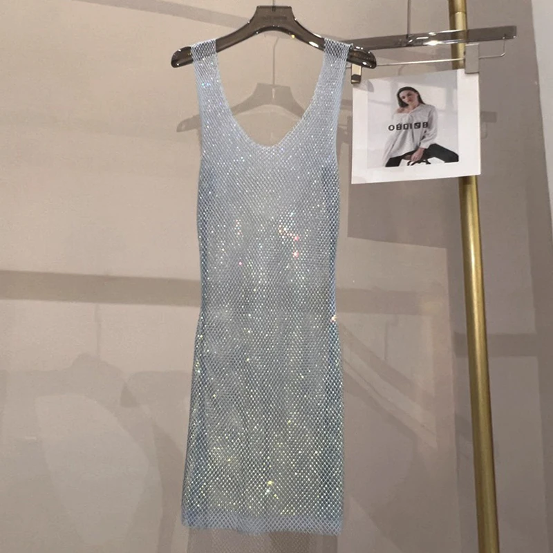 Damen Strass-Netzkleid Durchsichtiges Mesh-Midikleid Funkelndes Transparentes Bodycon-Partykleid Nachtclub-Outfit Festival-Rave-Outfit – Detail 7