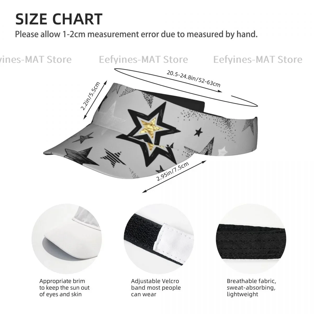 Summer Sun Hat Men Women Adjustable Visor Top Empty Black White And Golden Stars Sports Tennis Golf Running Sunscreen Cap