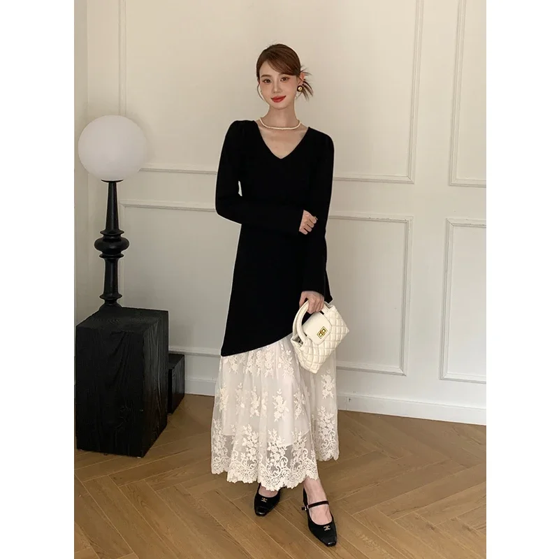 MiiiiX Office Lady French Style Elegant Spliced Long Dress Women's 2024 Autumn Design V-neck Long Sleeve Dress Female Clothes