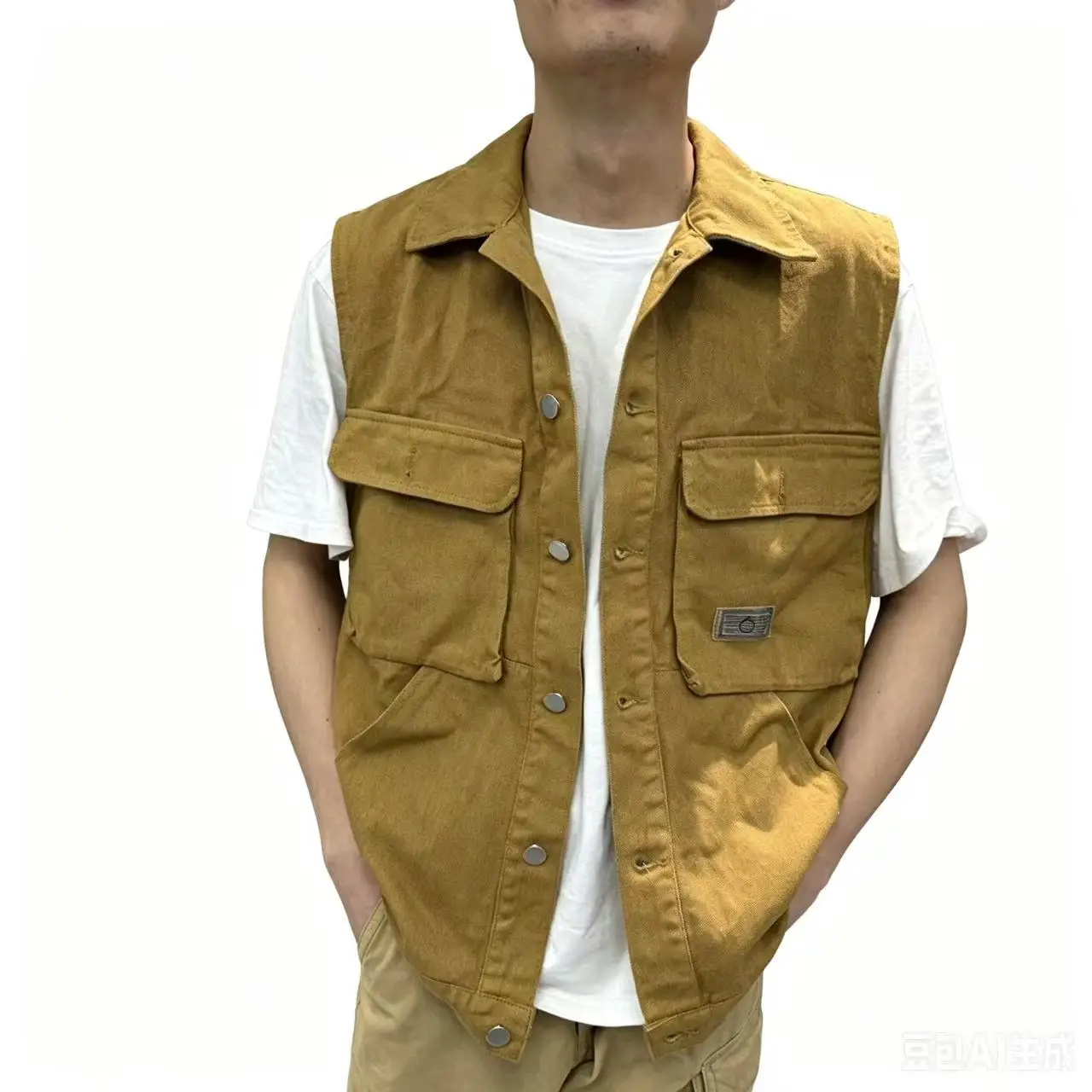 Chaleco Informal Holgado para Hombre, Estilo Retro Japonés, Multibolsillos, Chaqueta Vaquera Funcional, Cuello Cuadrado, Dobladi