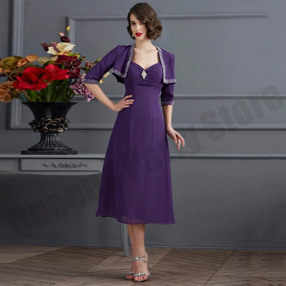 

Tea Length Purple Mother of The Bride Dress with Jacket V Neck Beading Sequin A Line Wedding Guest Gown for Women Party Wear