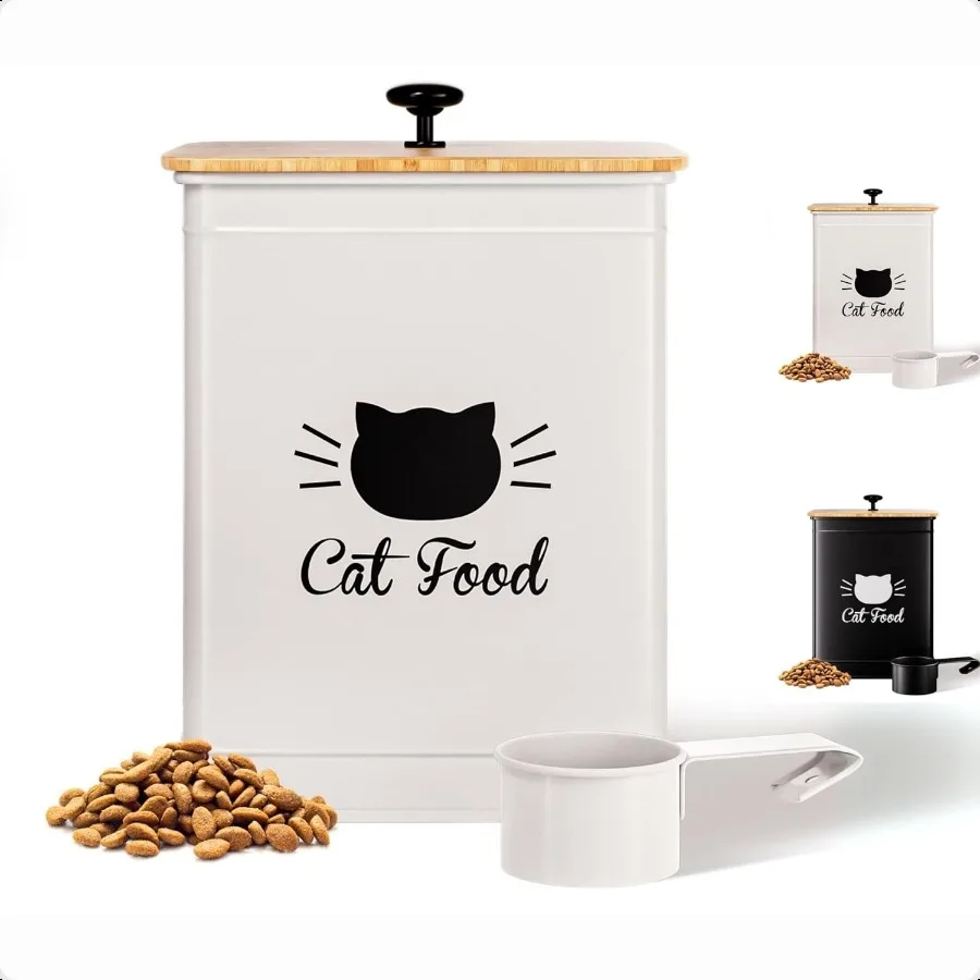 

Cat Food Storage Container with Scoop 57 lb 25 Cup Capacity Metal Cat Food Container with Airtight Bamboo Lid and Metal Scoop A