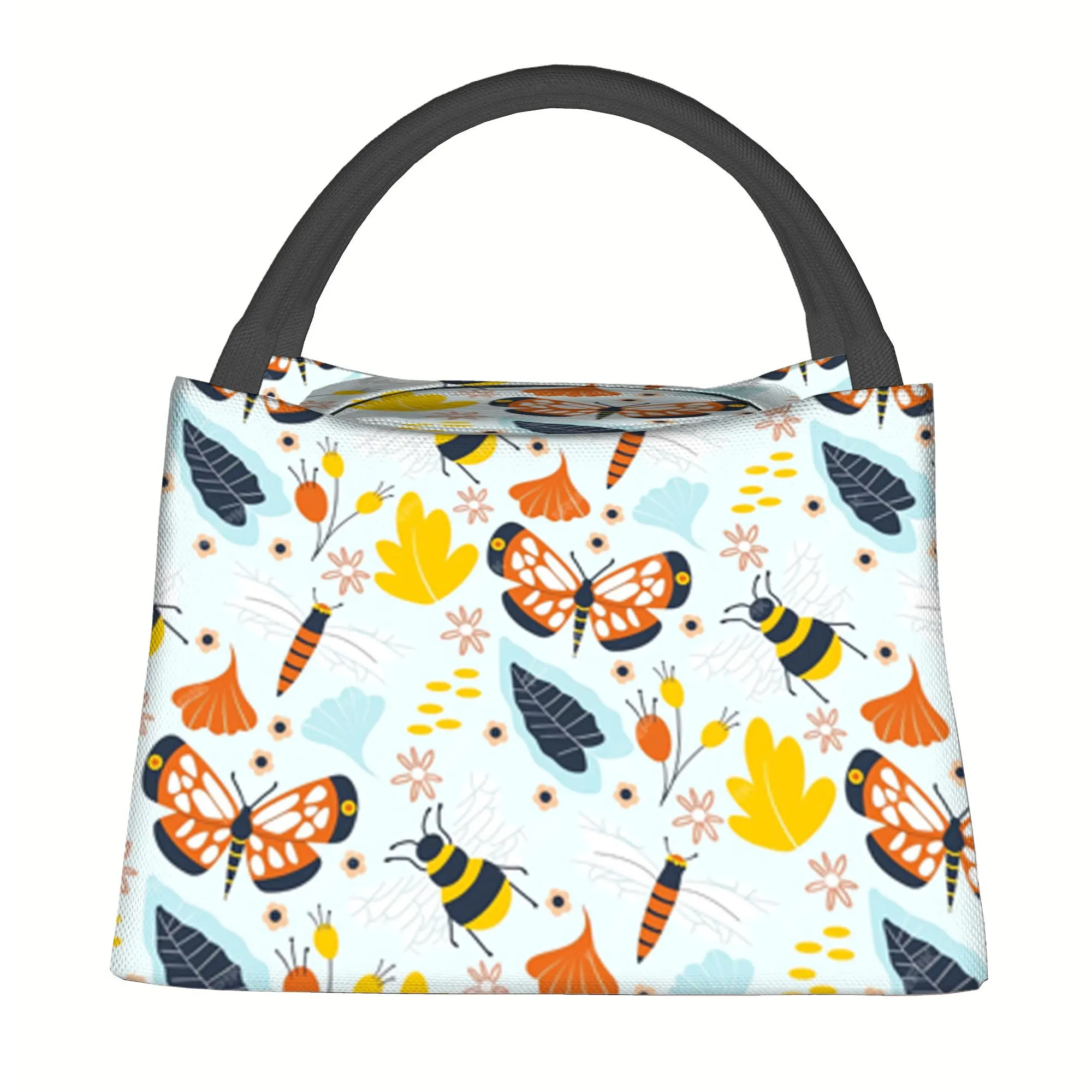 Butterfly Bee Bugs Floral Print Thermal Lunch Bag Insulated Food Carrier Reusable Cooler Tote