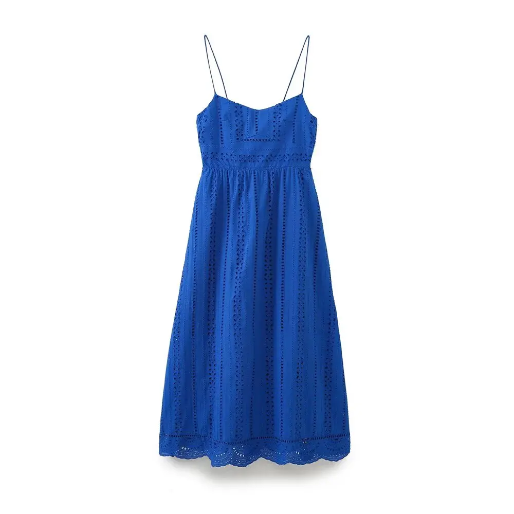 

BM&MD&ZA Womens Casual Elegant Sleeveless Spaghetti - strap Embroidered Hollow - out Mid - length Dress with Lace - trimmed Hem