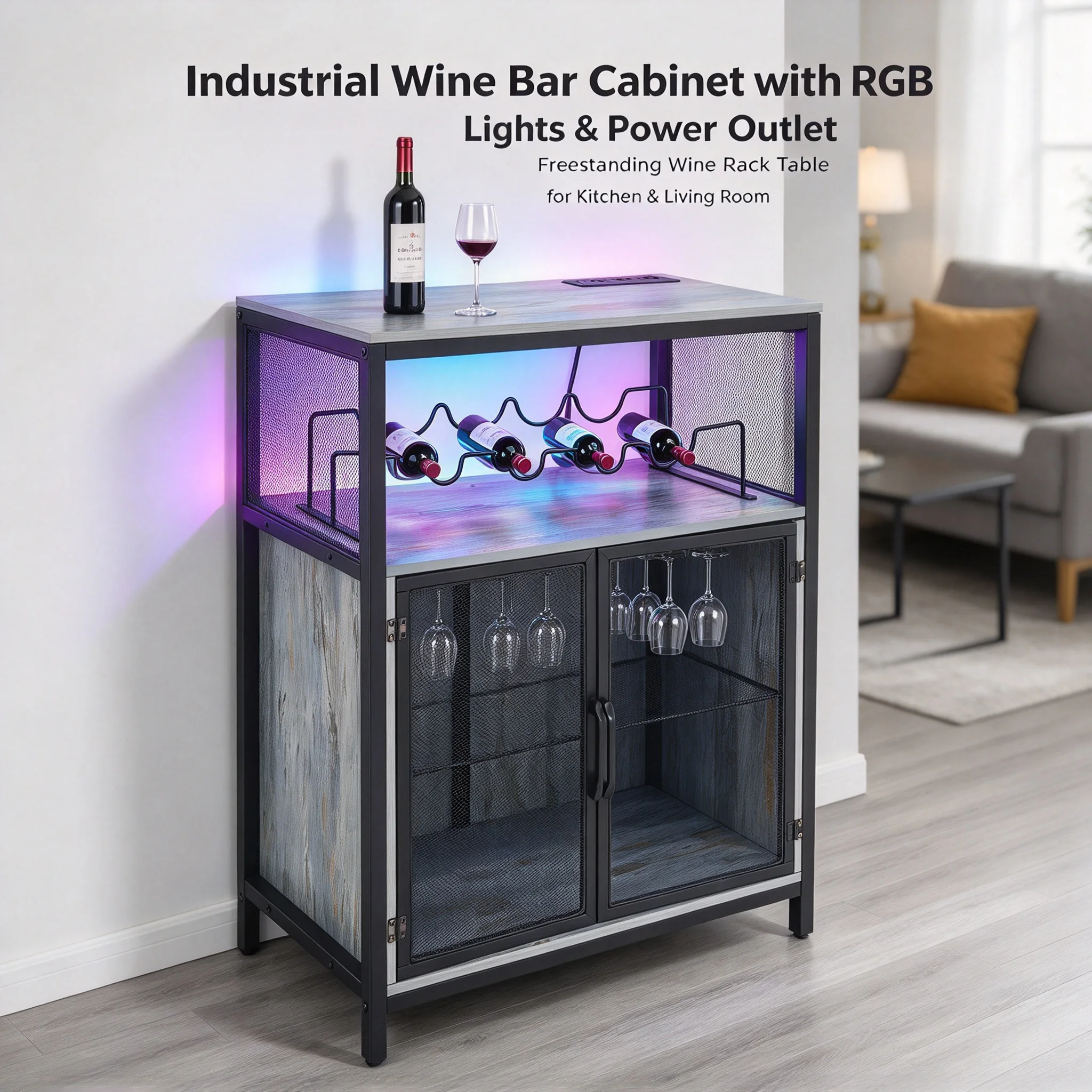 Wine Bar Cabinet with RGB Light & Outlet, Free Standing Wine Rack Table with 4 Bottle Storage & Glass Holder, Industrial Vintage Sideboard for Dining Room Kitchen Living Room