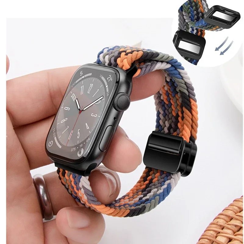 Magnetic Braided Strap For Apple Watch Band 40mm 41mm 44mm 45mm Ultra1/2 49mm 38mm 42mm Elastic Nylon Strap for iWatch 9 8 7 6 5