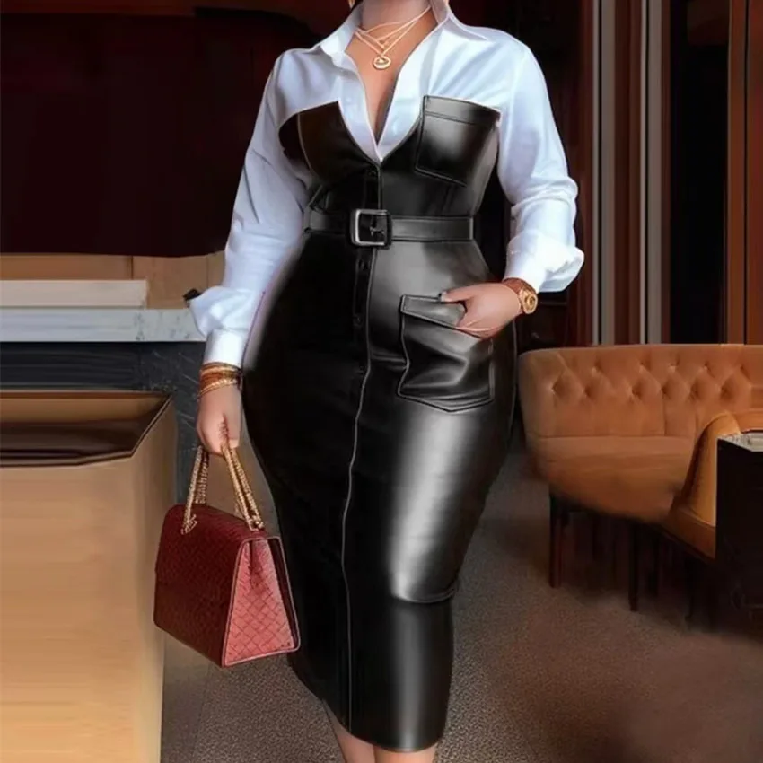 แฟชั่นอเมริกันยุโรปผู้หญิง Turn-Down COLLAR PU หนัง SASH Contrast สีแขนยาวข้อเท้าความยาวเสื้อชุดหญิง