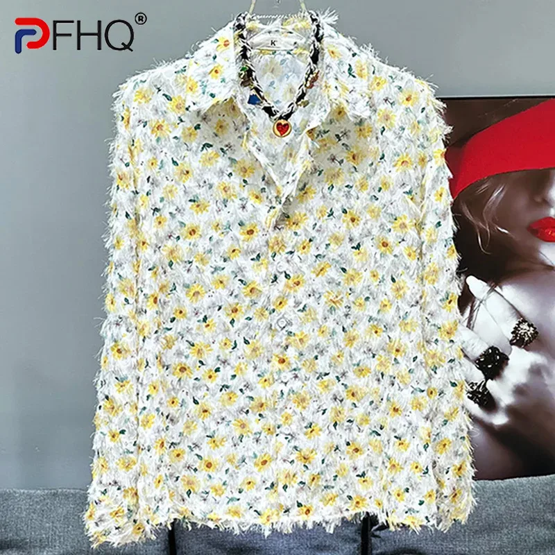 

PFHQ Men's Summer Print Shirt Casual Rough Selvedge Fringe Loose Versatile Personality Single Breasted Delicacy Tops New 21Z4857