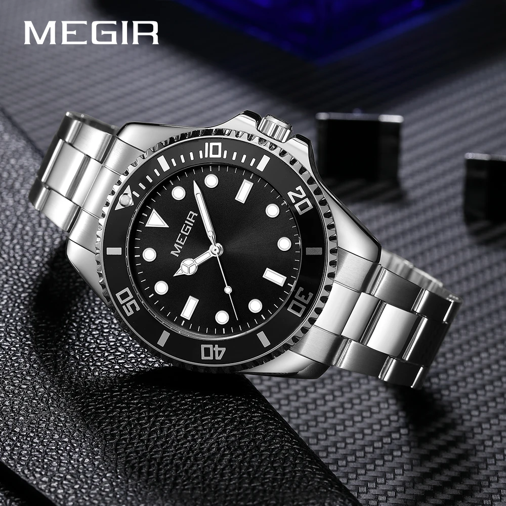 MEGIR العلامة التجارية أزياء الرجال كوارتز ساعة الصلب حزام عرض التقويم الساعات الكلاسيكية رجل فاخر للماء ساعة اليد على مدار الساعة
