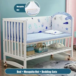 White Color Multifunctional Baby Crib, Solid Wood Newborn BB Cradle Cot, Can Splicing Big Bed With Bedding sets