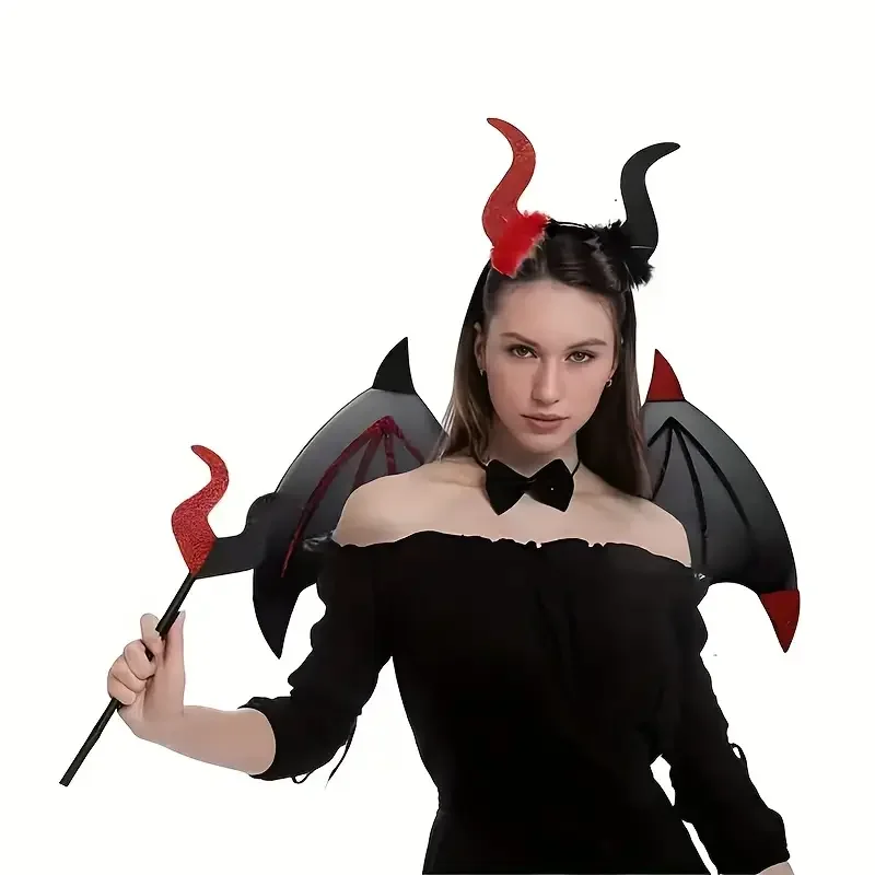 Dreiteiliges Zauberstab-Set mit Fledermausflügeln, Teufels-Stirnband, Halloween-Partykostüme, Rollenspiele und Partysets. – Detail 2