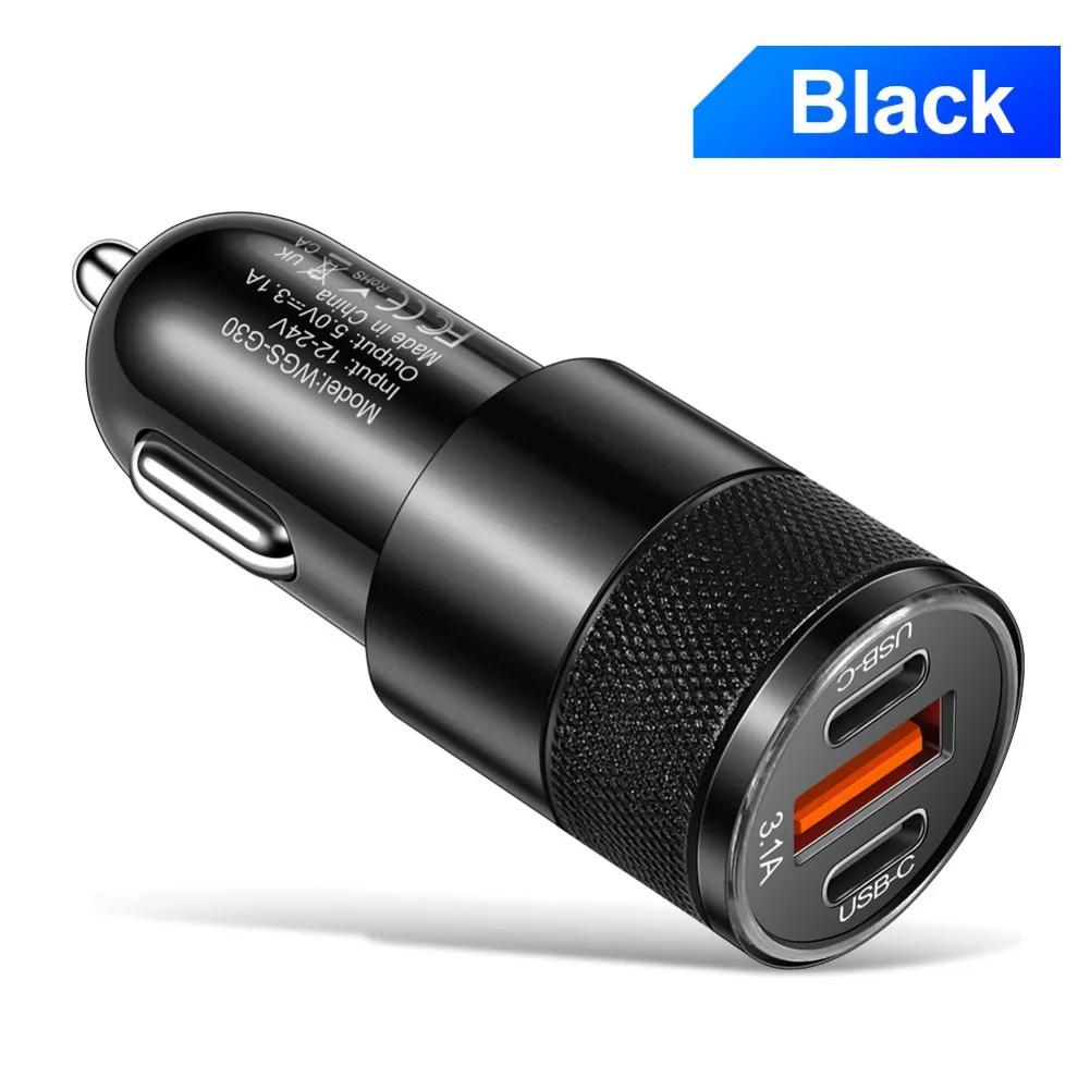 3.1A Car Adapter Black USB C Car Charger Dual USB 2 PD Ports Compact Aluminum Body In-car Charging For Smartphones