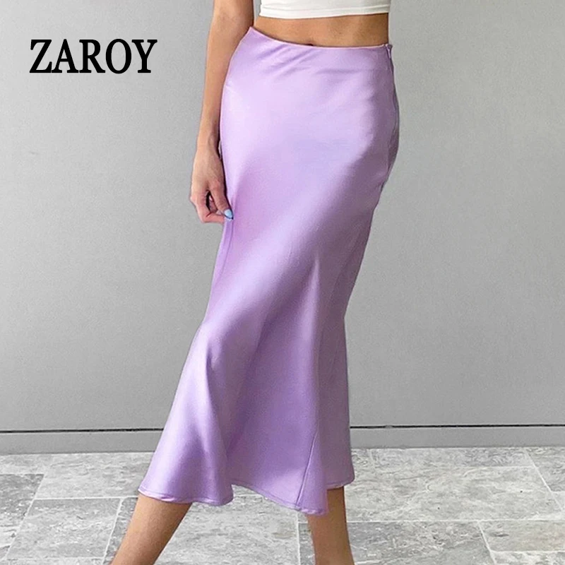 

ZAROY Роскошная однотонная атласная тонкая юбка-миди женская мода эластичная высокая талия расклешенный подол женские юбки женские офисные вечерние Faldas