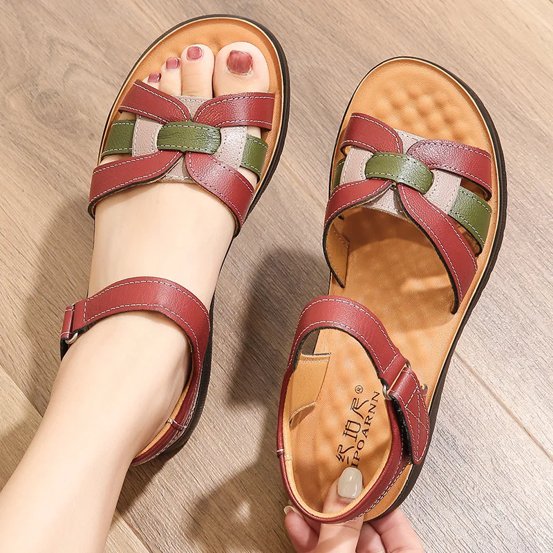 2024 Summer Leather Women Sandals Shoes Woman Casual Soft Wedge Heeled Sandals Women Flats Outdoor Beach Sandals