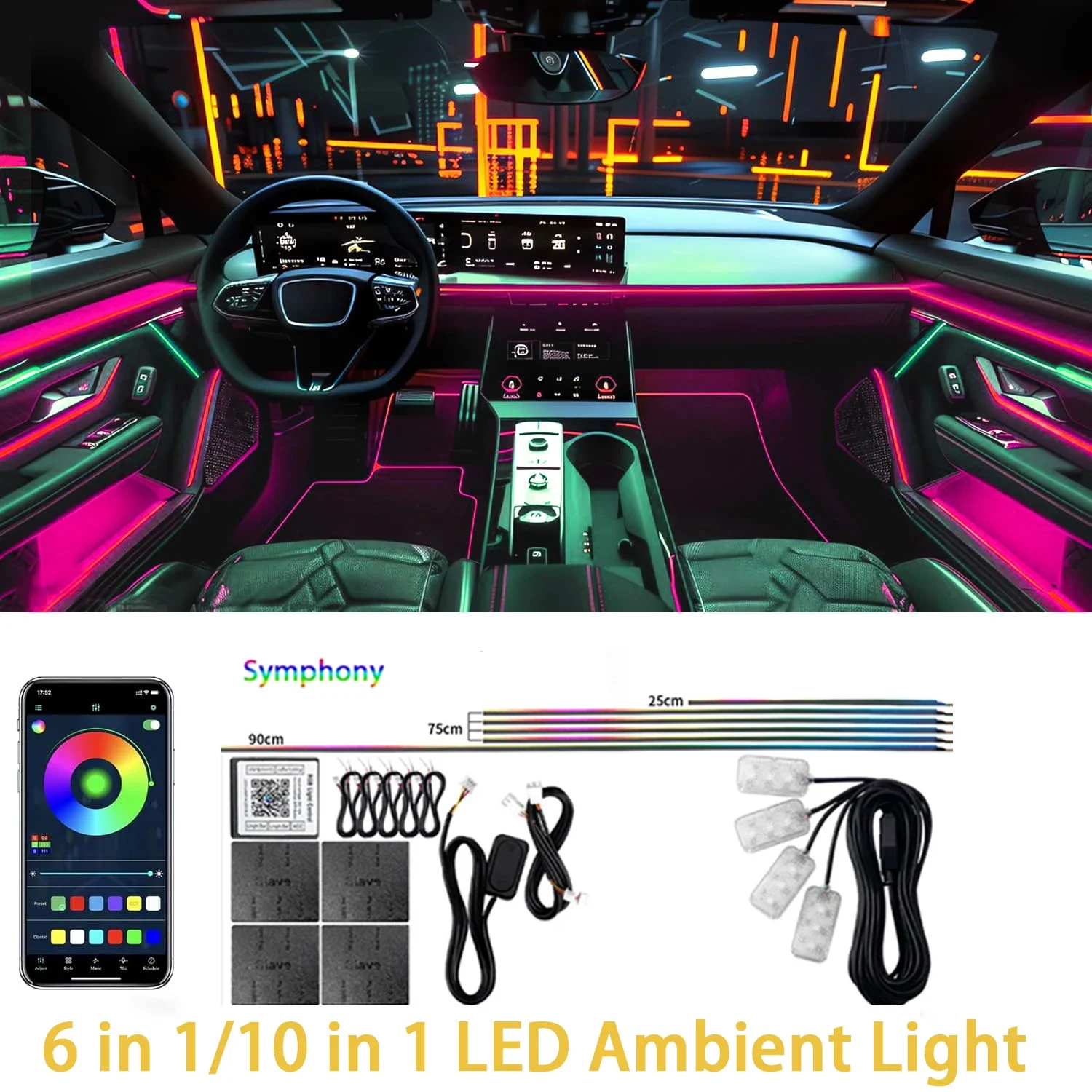 

Interior Car LED Strip Lights Smart APP Control with 10 in 1 RGB 16 Million Color Fiber Optic Ambient Lighting Car Interior Sync