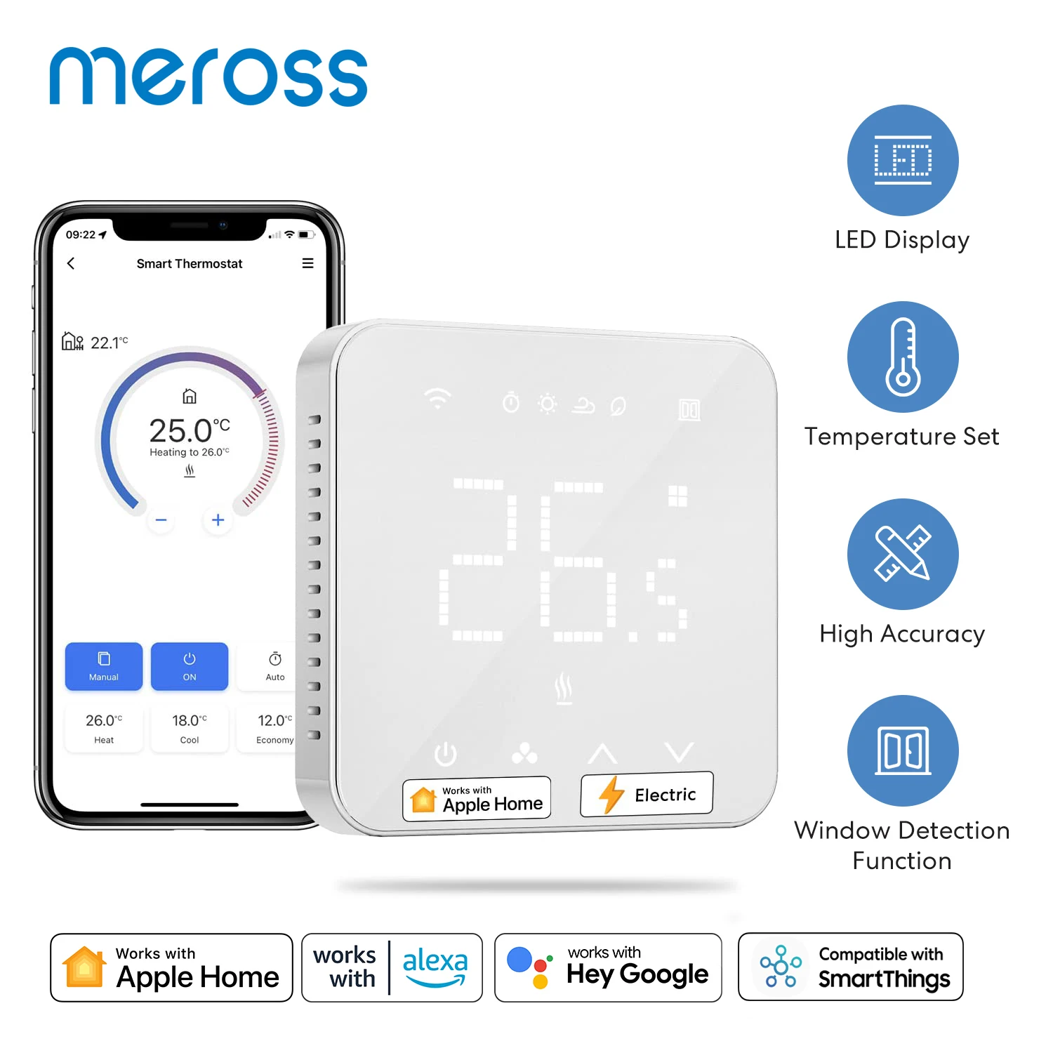 Meross Temostato Inteligente para Calefacción de Suelo, Sistema Eléctrico con Wifi, Pantalla Táctil, Funciona con Siri Alexa Asistente de Google