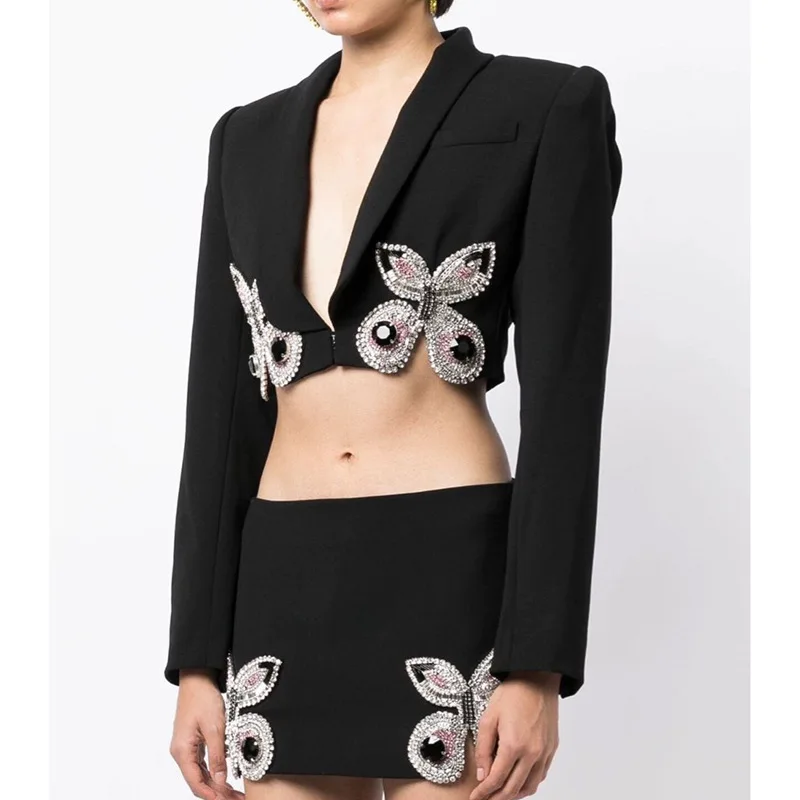 Rhinestone Diamond butterfly beadings Bow Design Women Long Sleeve crop Blazers + Short Bodycon Skirt Two Piece suit Set