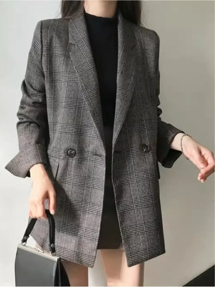 Retro Style Minimalist Suit Jacket For Women'S Autumn And Winter Classic Plaid Double Row Two Button Loose Casual Top