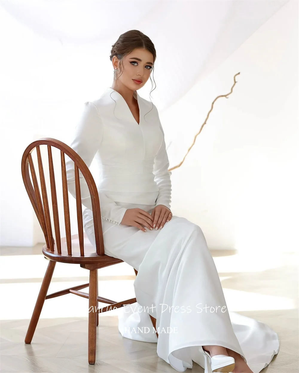 Dianruo Elegante scollo a V abito da sposa bianco in raso A Line Vestido De Noiva romantico abito da sera lungo fino al pavimento increspato personalizzato