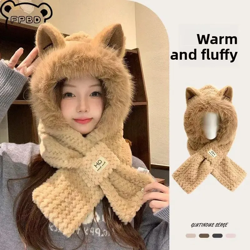 

New 2 Pcs Children's Hat Set Cute Ear Plush Hat and Scarf Combination Student Ear Protecting Windproof Warm Hat Kids Gift Miniso