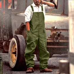 2025 New Men's Jumpsuit Plus Size Streetwear Solid Color Overalls Pockets Loose Suspenders Baggy Work Wear Cargo Pants Men
