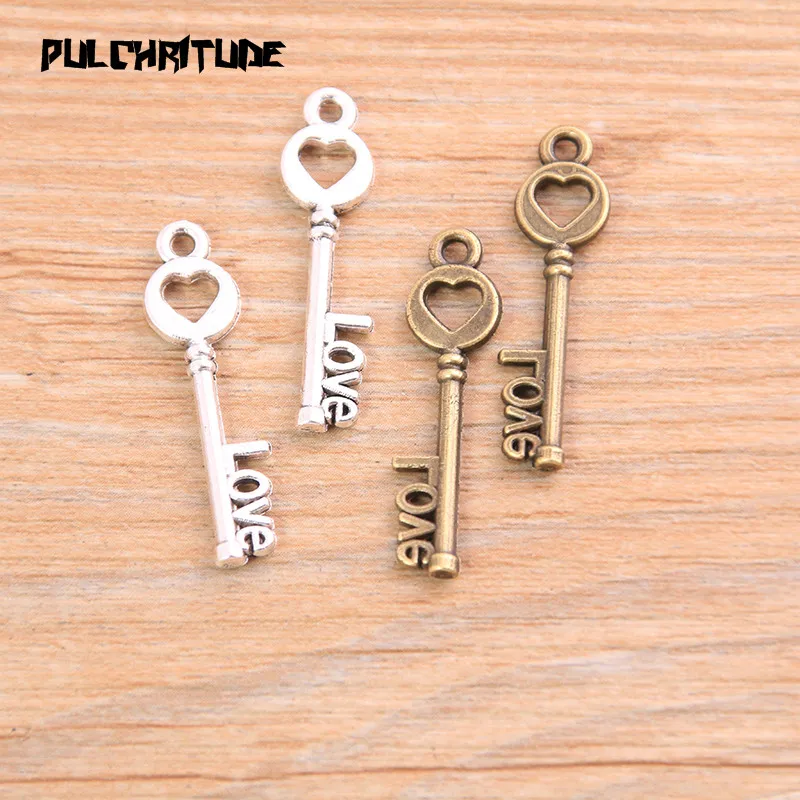 20pcs 9*30mm 2020 New Two Color Love Key Charms Heart Pendants Handmade Decoration Vintage For DIY Jewelry Making