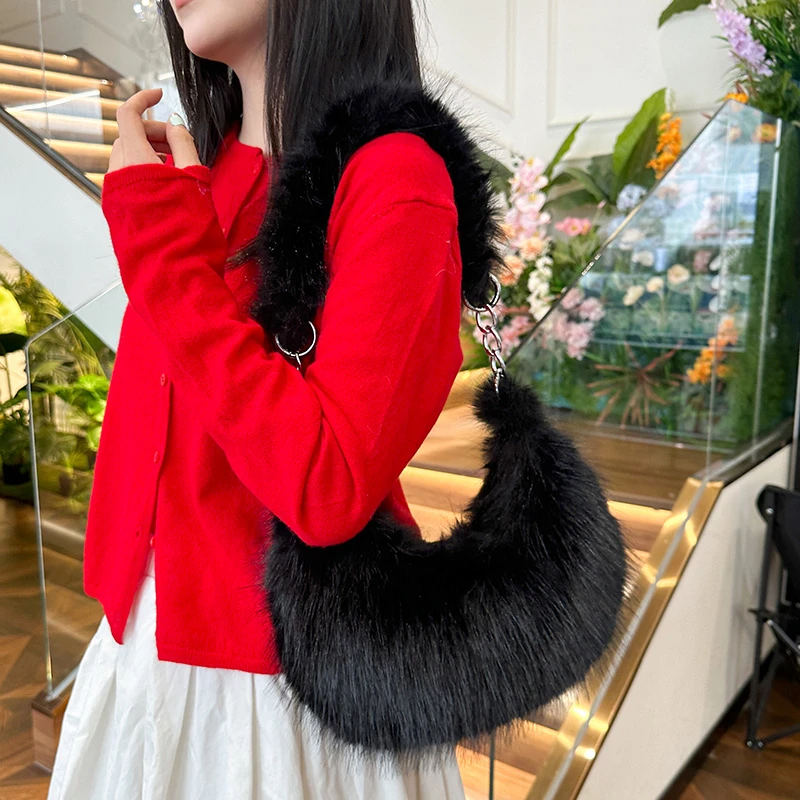 Fashion Half Moon Shoulder Bag Luxury Faux Fur Handbag 2024 New Winter Plush Underarm Bag Purse Soft Fluffy bolsa feminina