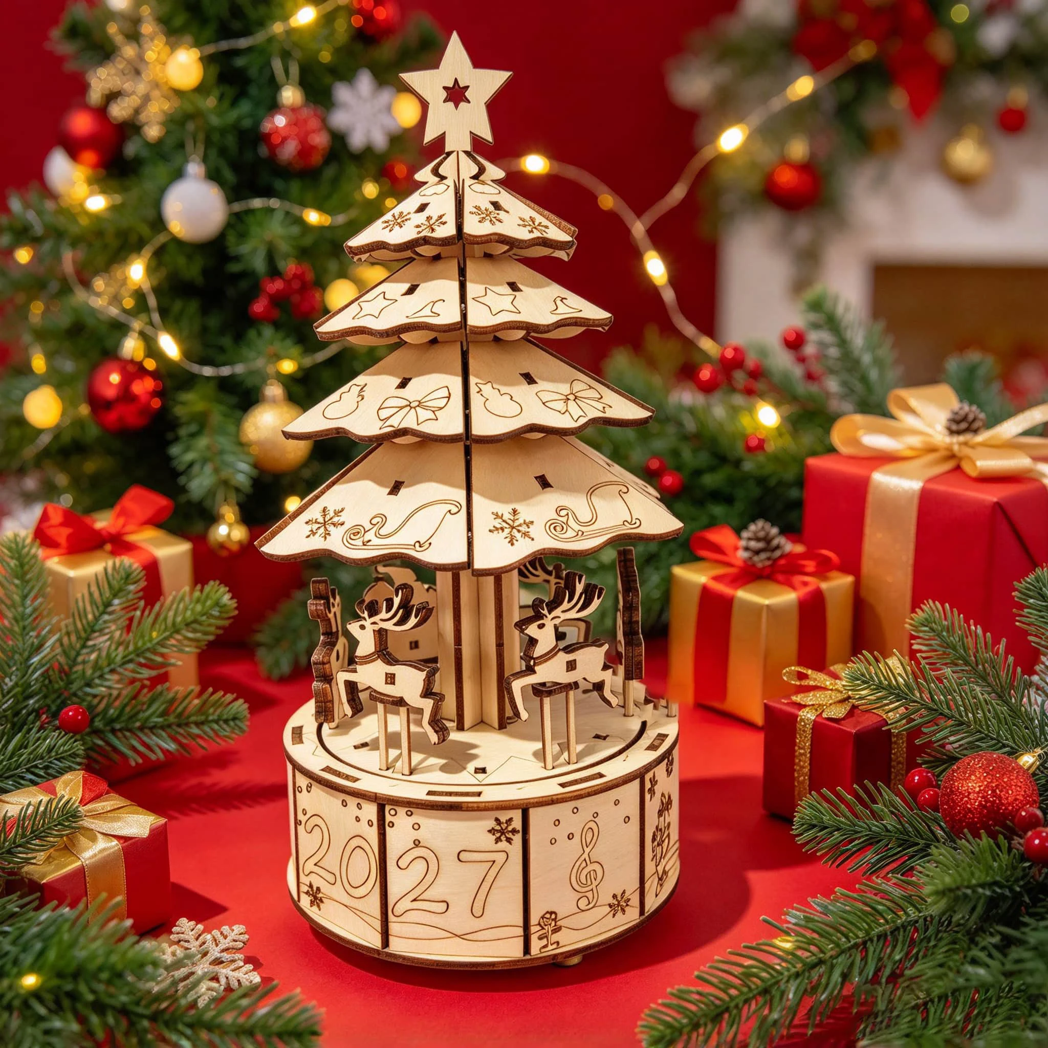 DIY Wooden Christmas Tree Music Box Kit—Rotates—Festive Tabletop Decoration—Creative Christmas Gift 3D Puzzle Model