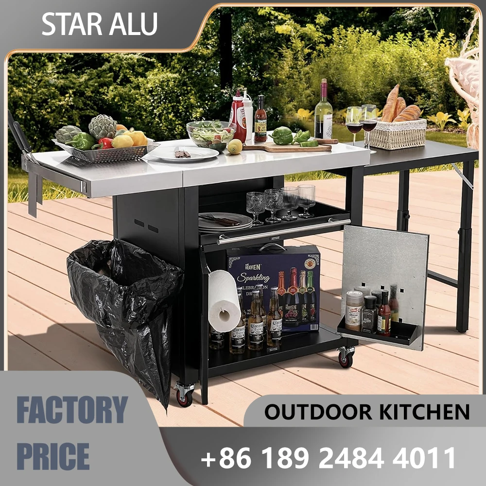 

Large BBQ Grill Cart with Cabinet and Folding Table，Stainless Steel Top Outdoor Kitchen Station on Wheels,Grade for Camping BBQ