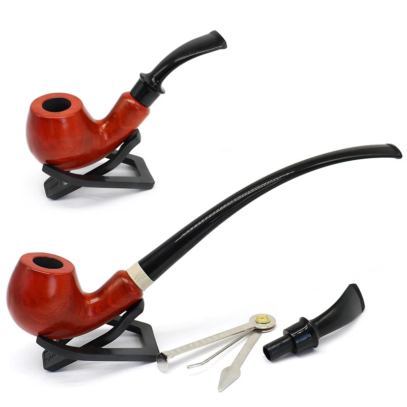 New Long Short Handled Solid Wood Pipe With Resin Mouthpiece Thin Stem Traditional Pipe Men'S Smoking Accessories Gift Box Set