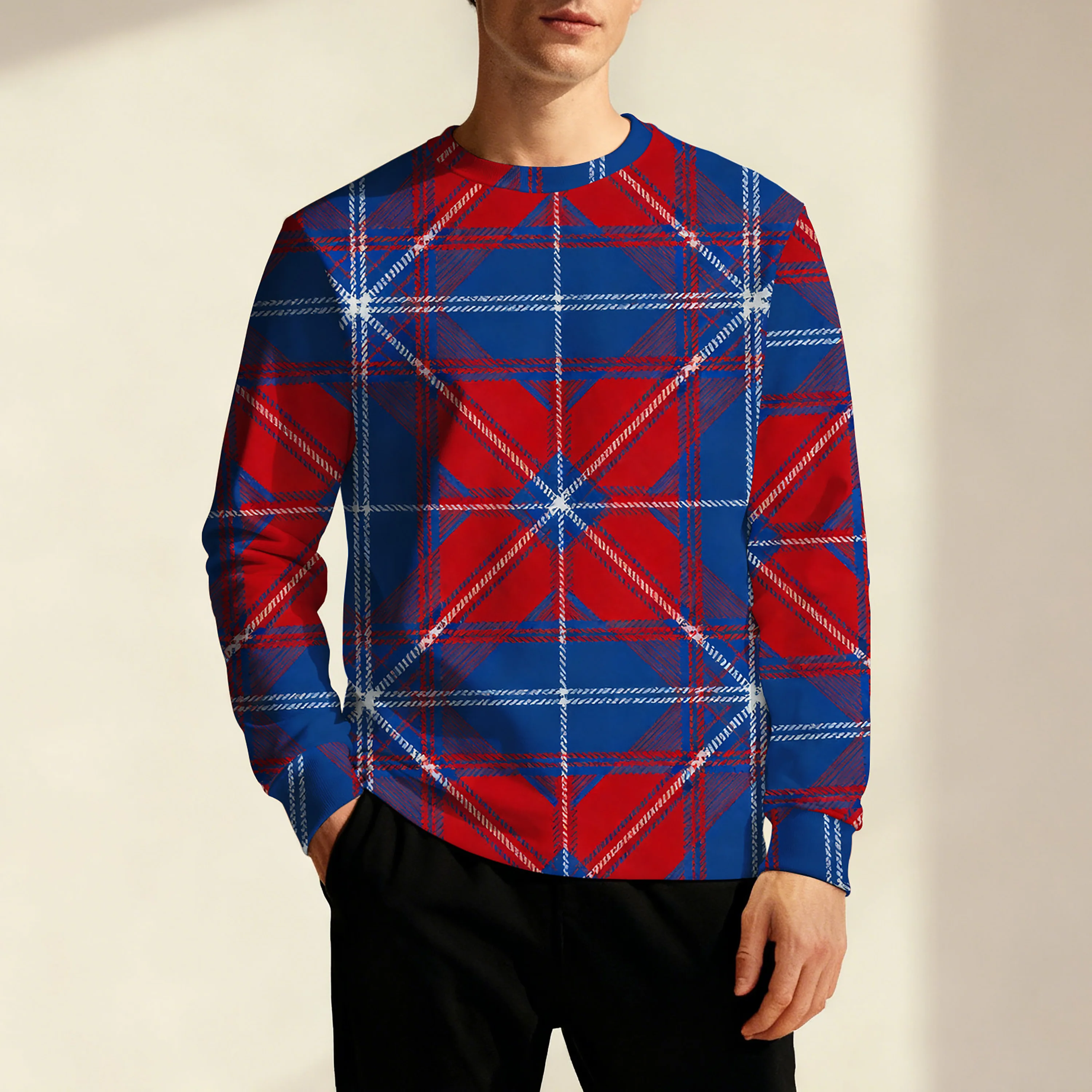 

Мужская минималистичная полосатая клетчатая толстовка с длинными рукавами и круглым вырезом с принтом на осень и зиму, универсальная и удобная.