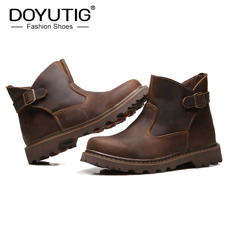 DOYUTIG Men Genuine Leather British Motorcycle Boots Retro Low Cut Workwear Boots Crazy Horse Leather Male Outdoor Shoes SGC003