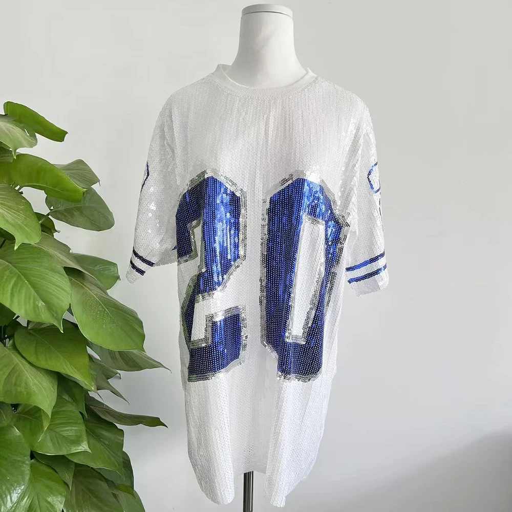 Sequin Glitter number 20 White  ZPB Clothes Half sleeve O Neck Sorority Long T Shirt