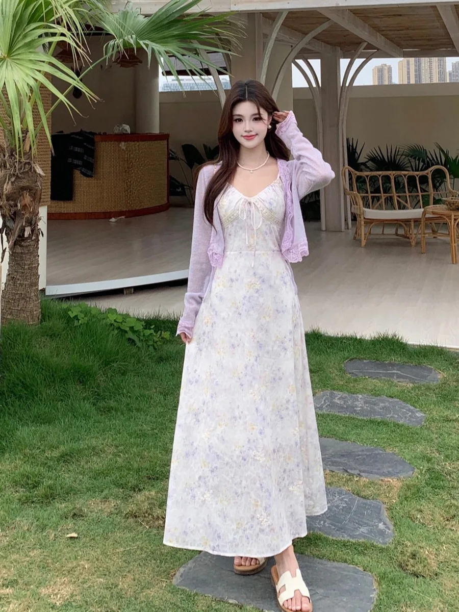 plus Size Floral Print Drawstring Halter Dress Women's Summer New Style Waist Cinching Holiday A-Line Long Dress