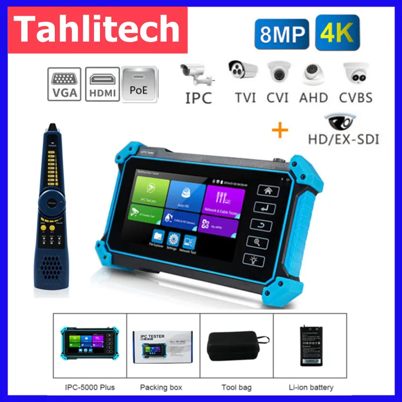 

Tahlitech CCTV IPC Tester Supports 8MP AHD CVI TVI Camera 4K IP Camera Testing VGA HDMI PTZ PoE UTP Network Cable Tracer Battery