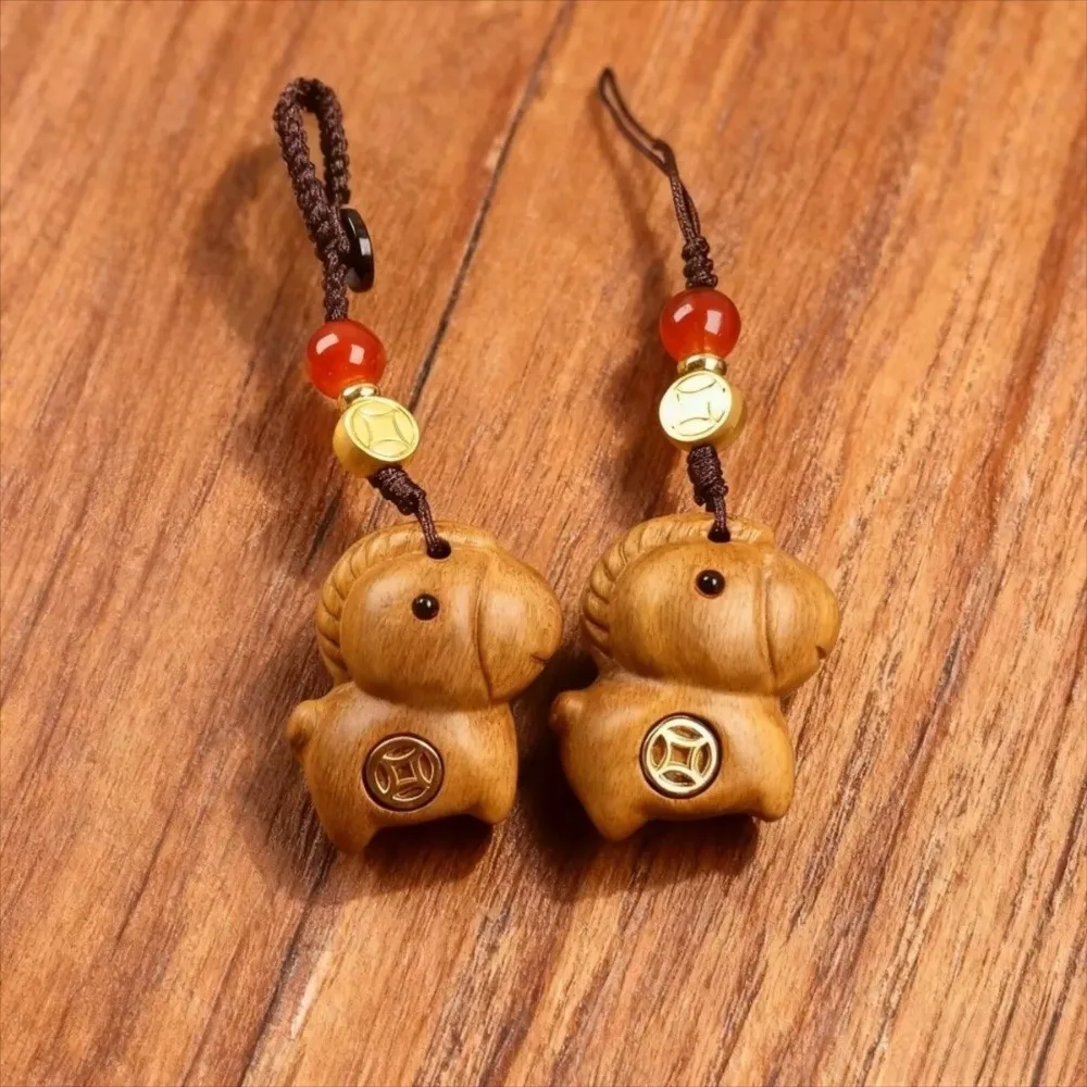 Creative Zodiac Horse Key Chain Sandalwood Cartoon Wood Phone Chain Lanyard Handmade Rope Chinese Style Key Ring New Year