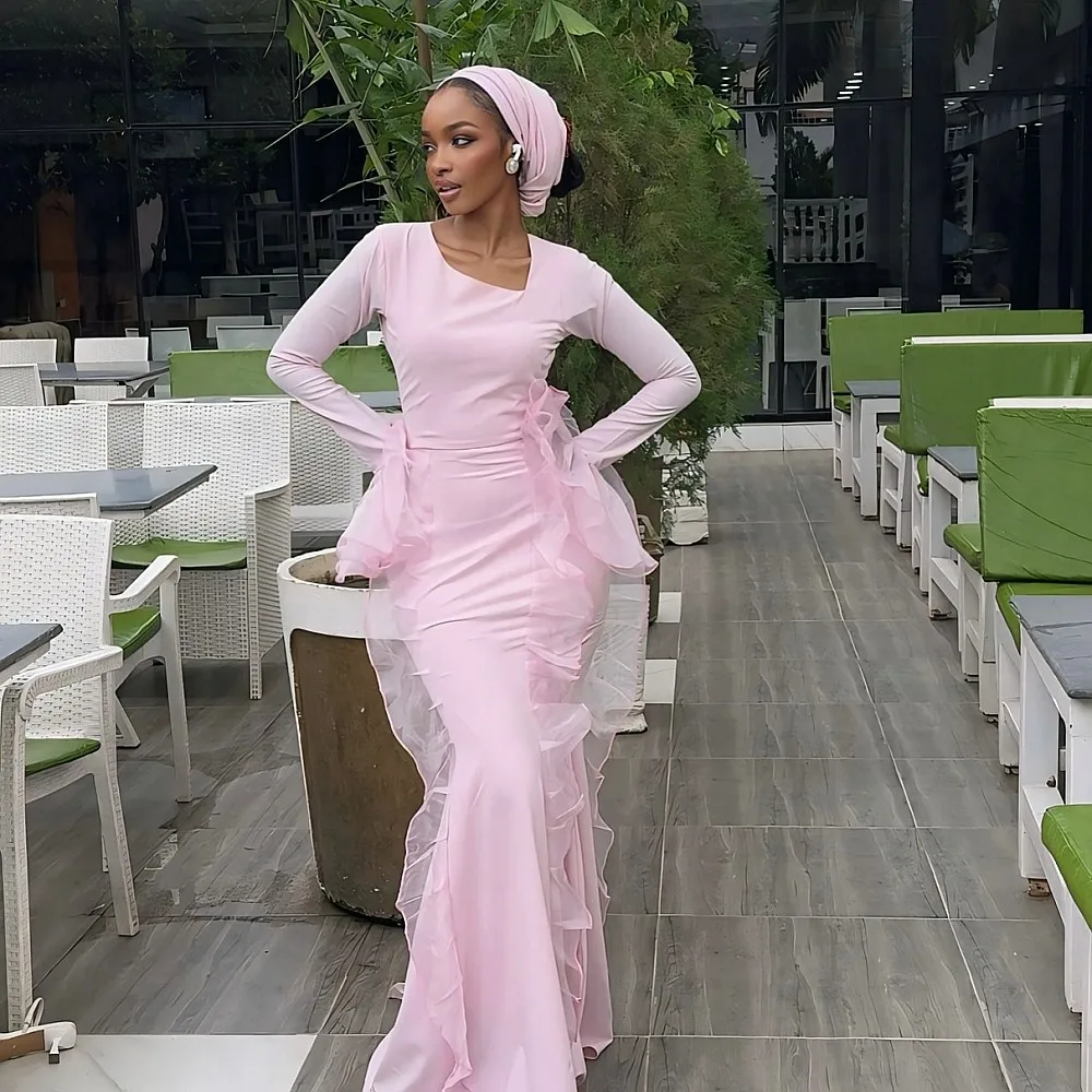 

Нигерийские вечерние платья русалки с оборками и V-образным вырезом с длинными рукавами Aso Ebi, платье для выпускного вечера на заказ, вечерние платья для особых случаев