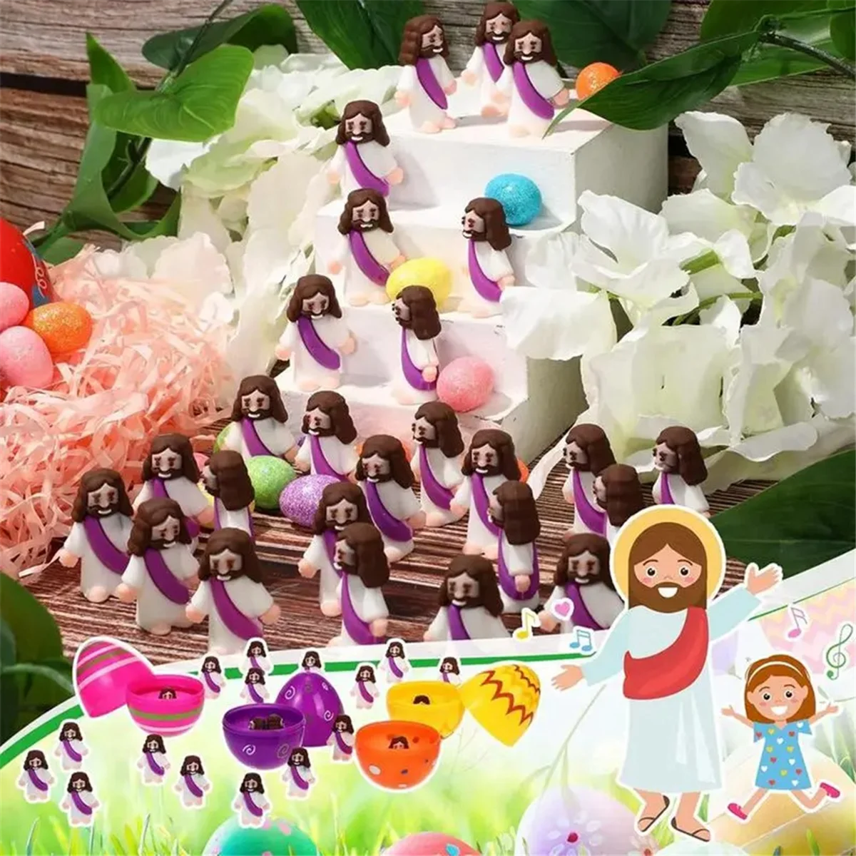 18 Pcs Jesus Toys Easter Design Mini Rubber Jesus Figurine to Hide and Seek Religious Party Favors Sunday A