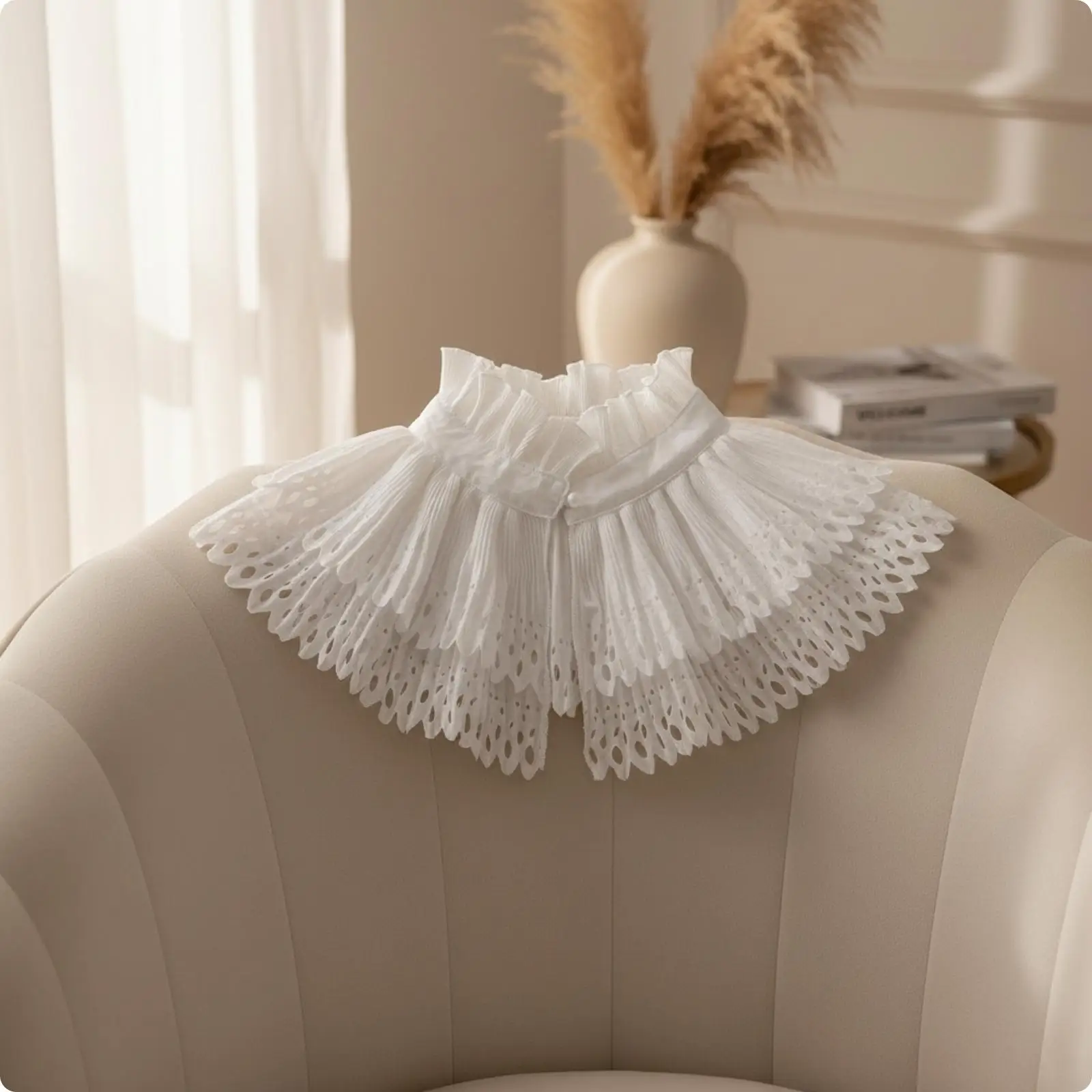 White Sun Protection Cape for Women Double Layer Ruffle Neck Decorative Overpiece for Tops