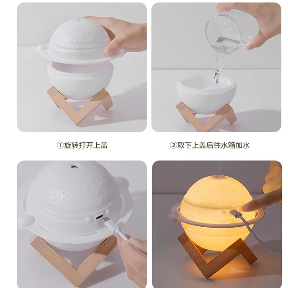 3D Air Humidifier Diffuser Planet Shape Humidifiers for Bedroom Moon Lamp Portable Cool Mood LED Night Light Super Quiet