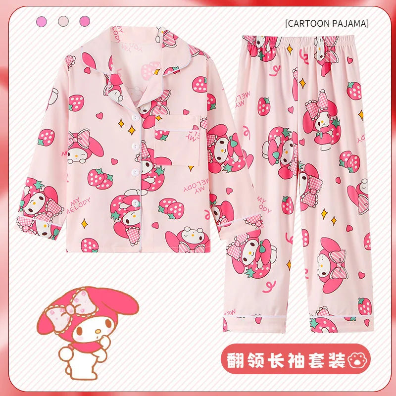 Sanrios Cinnamoroll Kuromi My Melody Children Pajamas Casual Spring Home Long Sleeve Flip Neck Cardigan Kid Girl Nightwear Pants