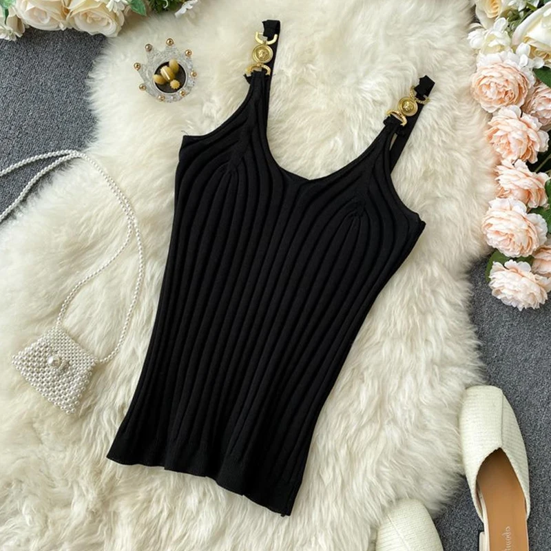 New Fashion Women's Solid Color Tank Tops Rib Knit V-Neck Metal Chain Sling Design Slim Fit Breathable Versatile Streetwear Tops