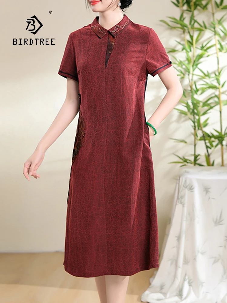 BirdTree, 100%Mulberry Silk Embroidery Dresses, Women's XiangYunSha Short Sleeve, Retro Large Mom Dress, 2024 Summer D44438QC