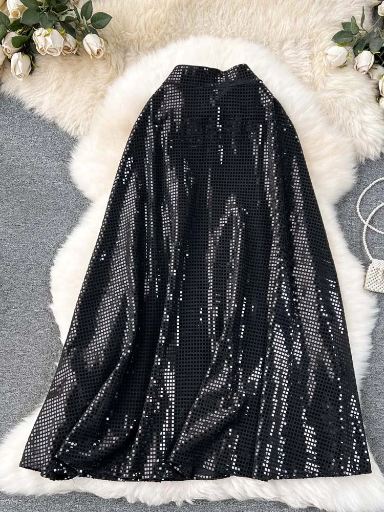 Stijlvolle Hoge Taille Lovertjes Lange Rok Voor Vrouwen 2024 Zomer High Street Glitter Maxi Rok Elastische Taille Sliver Sexy Inkeo 4b008