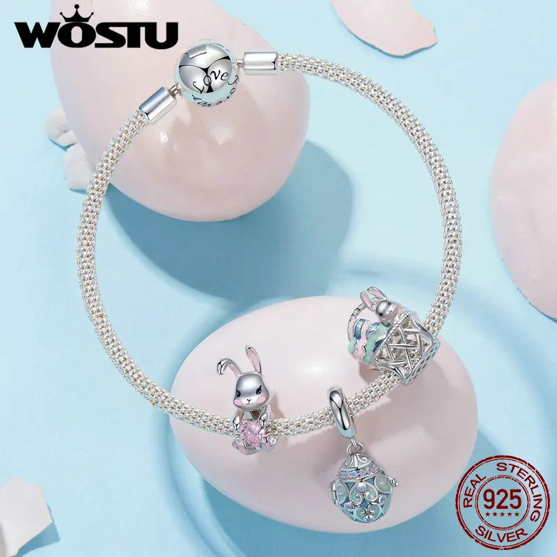 WOSTU 925 Sterling Silver Colorful Easter Charm Lucky Egg Pendant Silicone Stopper Murano Beads Fit Original Bracelet DIY Gifts