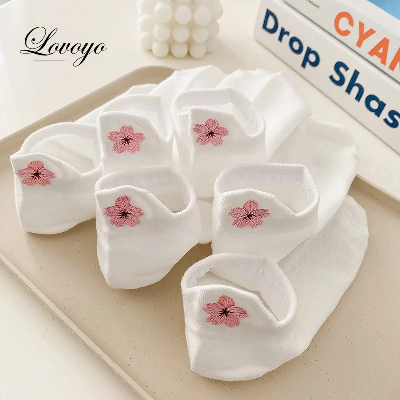 New Spring CottonEmbroidered Breathable Mesh White Socks Female Cute  Sakura Bowknot Short SocksCasual Funny Ankle Socks