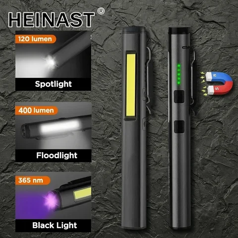 Heinast Self-defense Flash Flashlight With Magnet TYPE-C Rechargeable Torch Light 365nm UV Portable Pen Clip Patrol Inspection