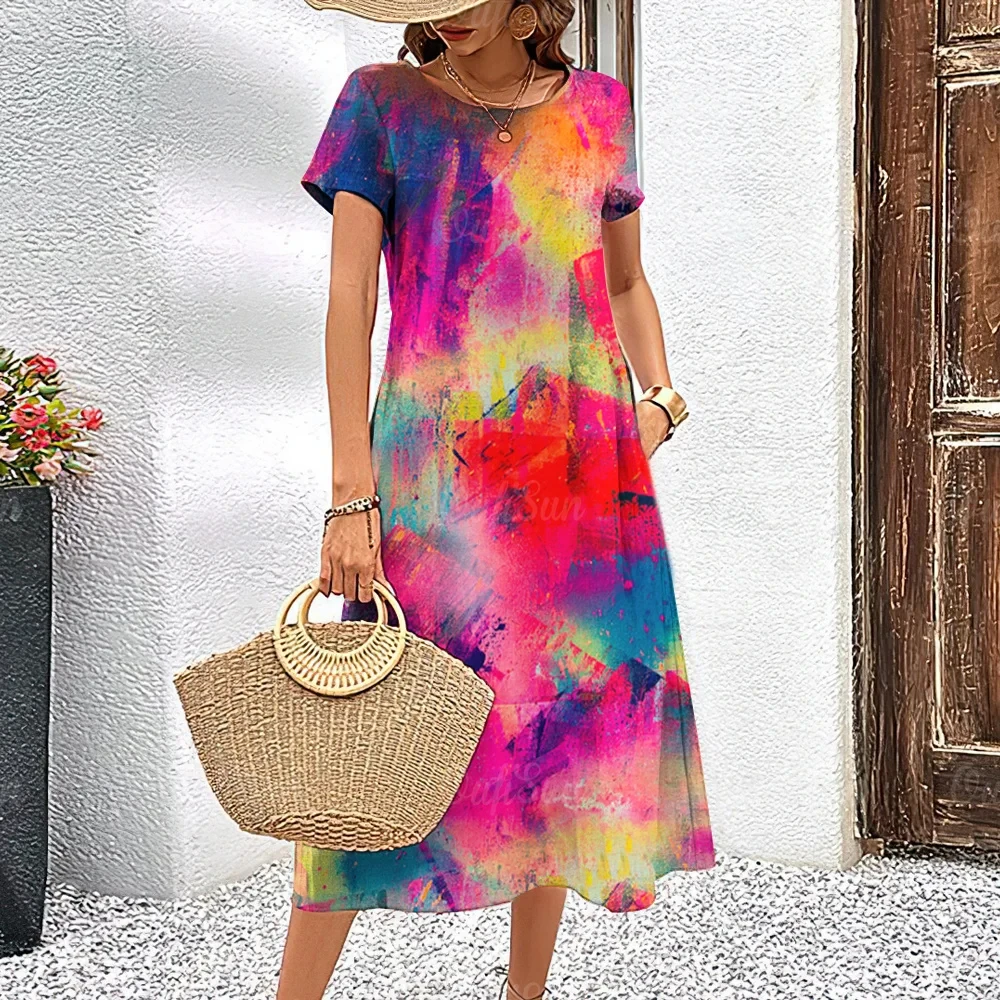 

Summer Short Sleeves Dresses Classy Colour Clash Woman Clothing Long Dress 3d Tie-Dye Women's Clothing Loose Round Neck Pullover