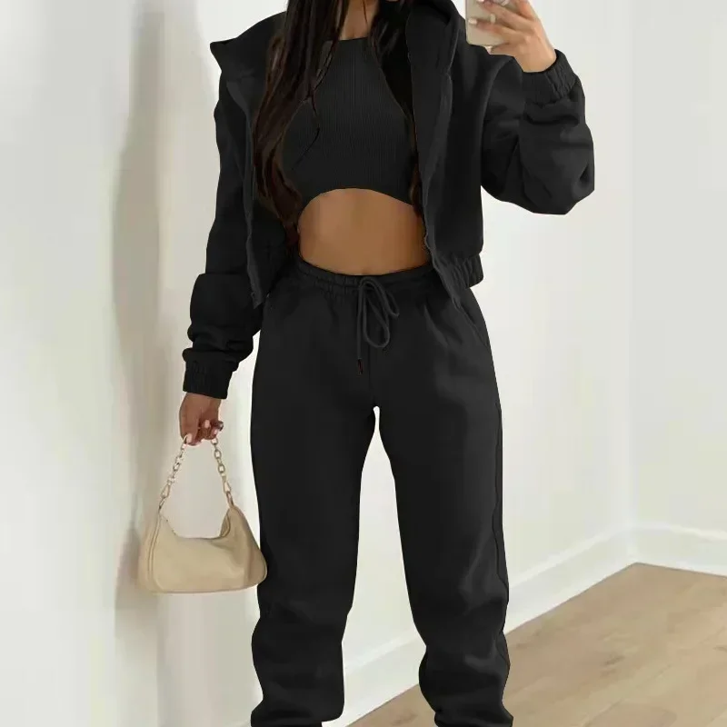 Women Suit Autumn Fashion Solid Color Simple Hooded Long-sleeved Zipper Sweater Sports Casual Pants Three-piece Suit In Waist