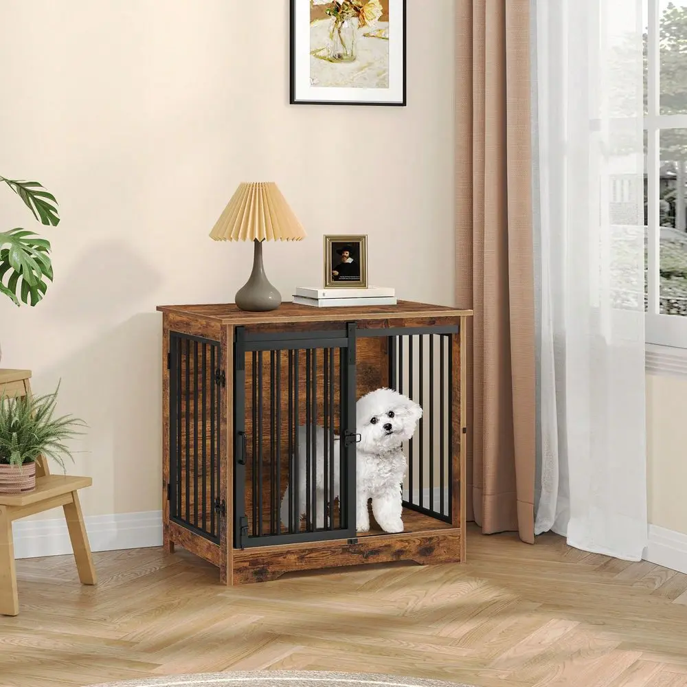 

27.2 Dog Crate Furniture With Barn Door, Heavy Duty Dog Kennel Indoor With 2 Doors, Wooden Pet Cage End Table For Small Medium